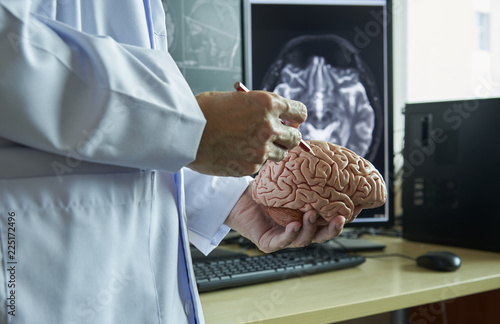 Doctor demonstarting human brain anatomy and MRI brain on background photo