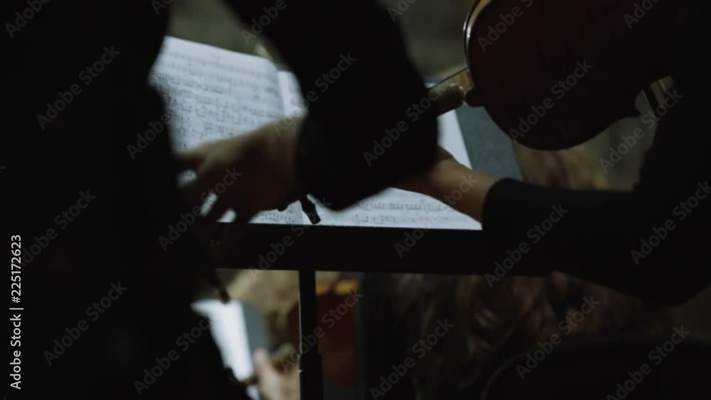 Symphony orchestra performance, stringed instruments detail shot Symphony orchestra performance, stringed instruments detail shot