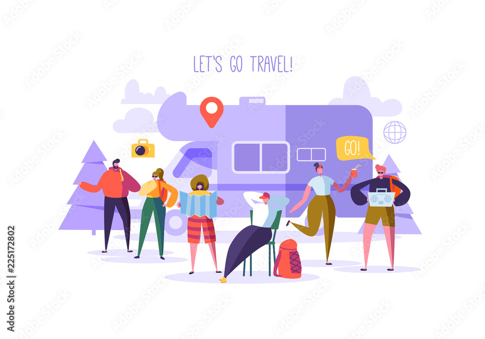 Happy Characters on Vacation. Travel on Car Concept with Flat People Travelers. Man and Woman Traveling. Tourists with Map and Backpack. Vector illustration