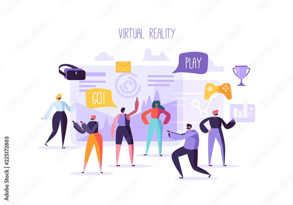 Virtual Reality Concept. Flat People Characters having VR World Experience. Entertainment Technology. Man and Woman in Augmented Reality Glasses. Vector illustration