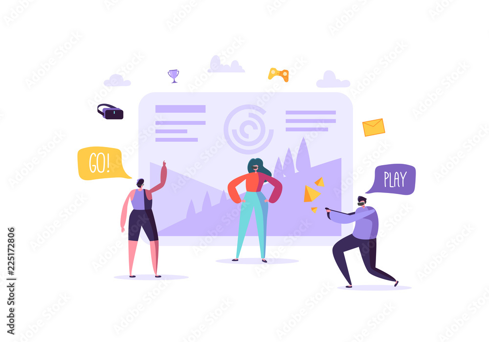 Virtual Reality Concept. Flat People Characters having VR World Experience. Entertainment Technology. Man and Woman in Augmented Reality Glasses. Vector illustration Virtual Reality Concept. Flat People Characters having VR World Experience. Entertainment Technology. Man and Woman in Augmented Reality Glasses. Vector illustration