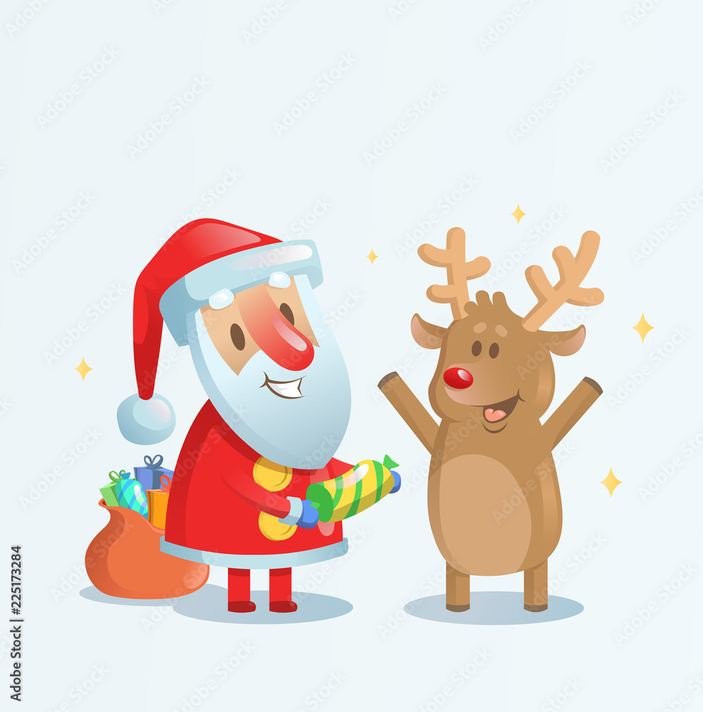 Santa Claus celebrating with his reindeer friend. Cartoon Christmas card. Colorful flat vector illustration. Isolated on blue background.