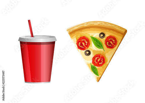 Fast food icon, piece of pizza and soda water cup. Triangular slice of tasty Italian junk food, glass of lemonade, juice, milk shake with drinking straw. Vector illustration in flat style.