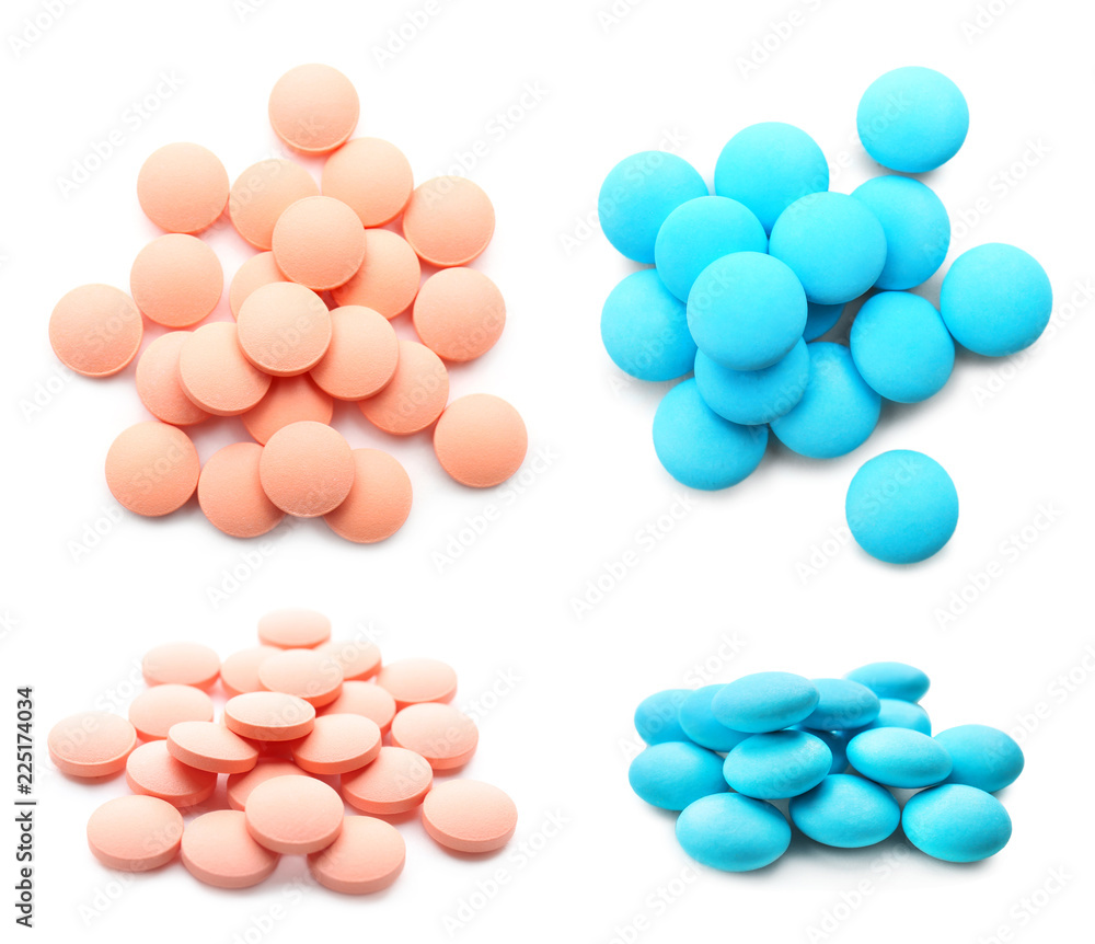 Set with different pills on white background