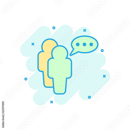 Cartoon colored people with speach bubble icon in comic style. People illustration pictogram. Users person sign business splash concept.