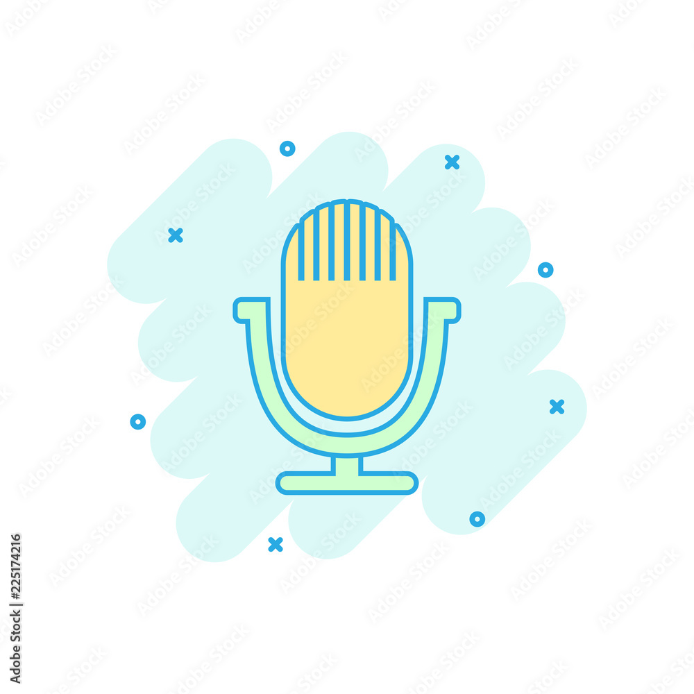Cartoon colored microphone icon in comic style. Mic illustration pictogram. Mike sign splash business concept. Cartoon colored microphone icon in comic style. Mic illustration pictogram. Mike sign splash business concept.