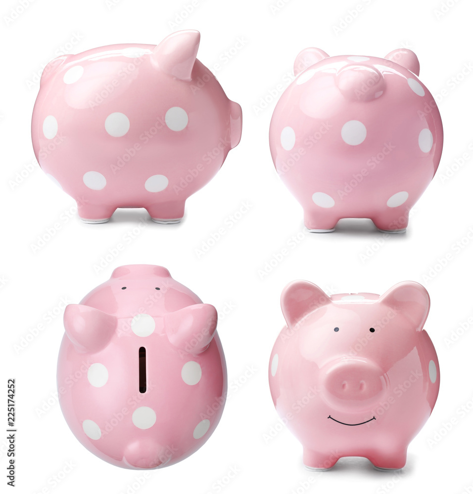 Set with piggy bank from different views on white background Set with piggy bank from different views on white background