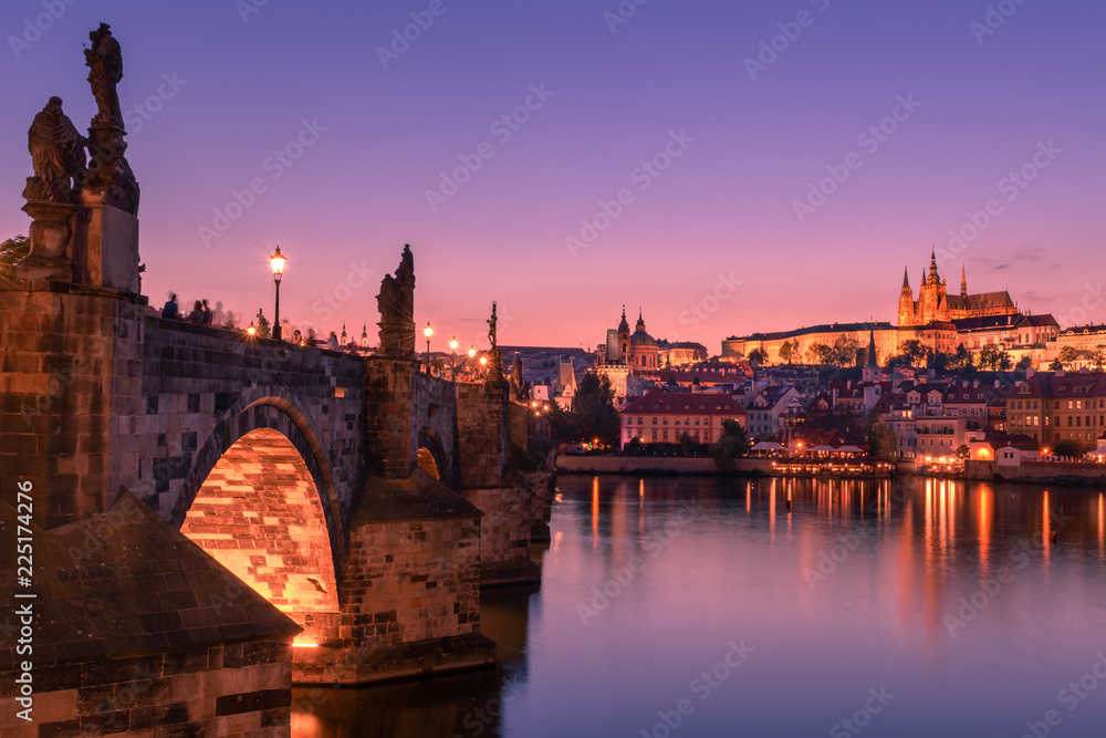 Charles bridge and Prague castle at dusk