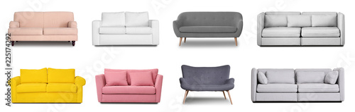 Set with different comfortable sofas on white background. Furniture for modern room interior
