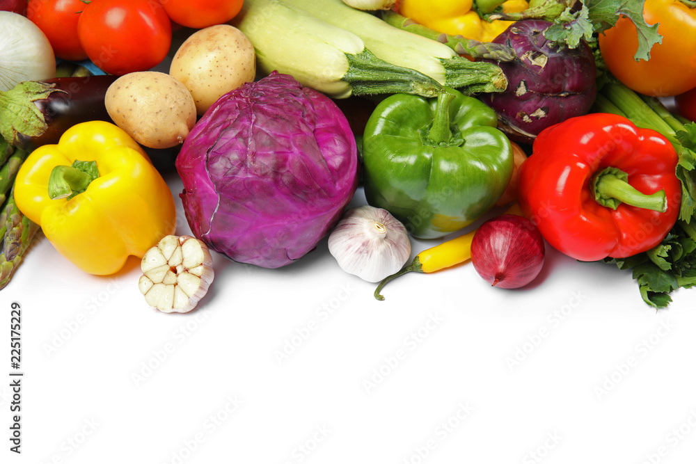 Many fresh ripe vegetables on white background, above view. Space for text