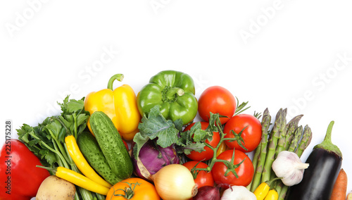 Many fresh ripe vegetables on white background  top view. Space for text