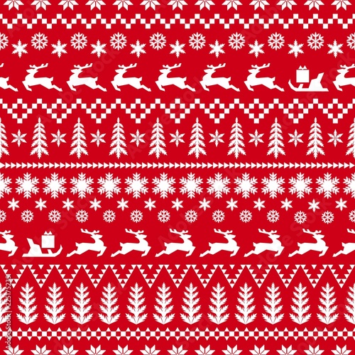 Christmas pattern in classic red and white colors. Winter illustration with deer, sleigh with gifts, Christmas trees, snowflakes and geometric ornaments. Background for your design.