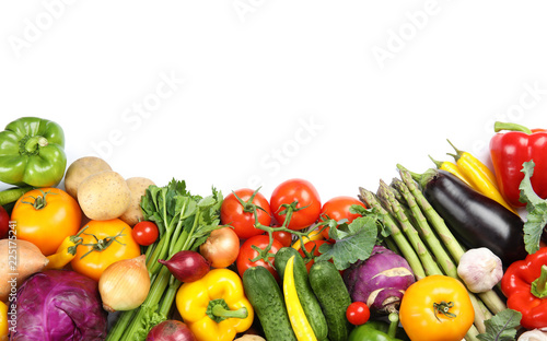 Many fresh ripe vegetables on white background, top view. Space for text
