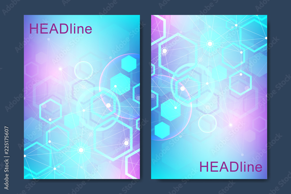 Modern vector templates for brochure, cover, banner, flyer, annual report, leaflet. Abstract art composition with hexagons, connecting lines and dots. Digital technology or medical concept.