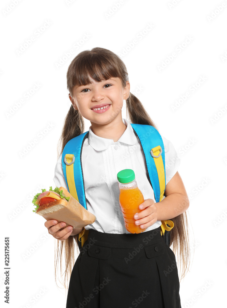 Schoolgirl with healthy food and backpack on white background Schoolgirl with healthy food and backpack on white background