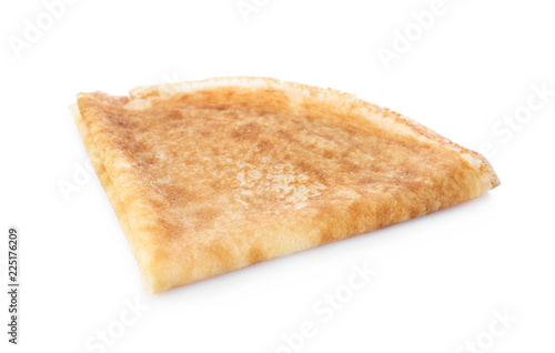 Tasty thin folded pancake on white background