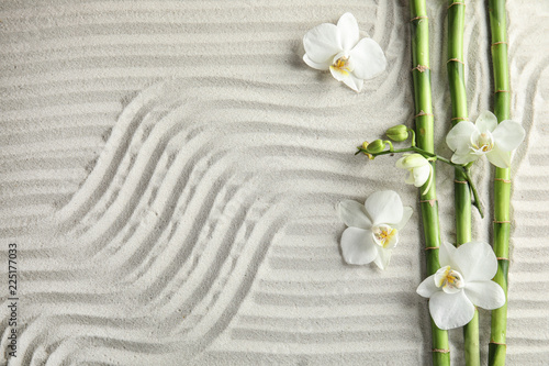 Bamboo branches with flowers on sand, top view. Space for text