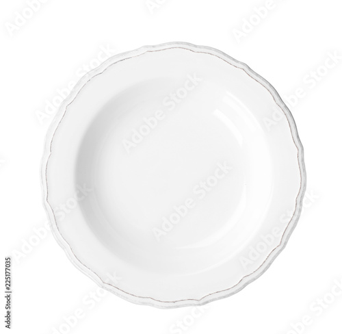 Ceramic plate with space for text on white background, top view. Washing dishes