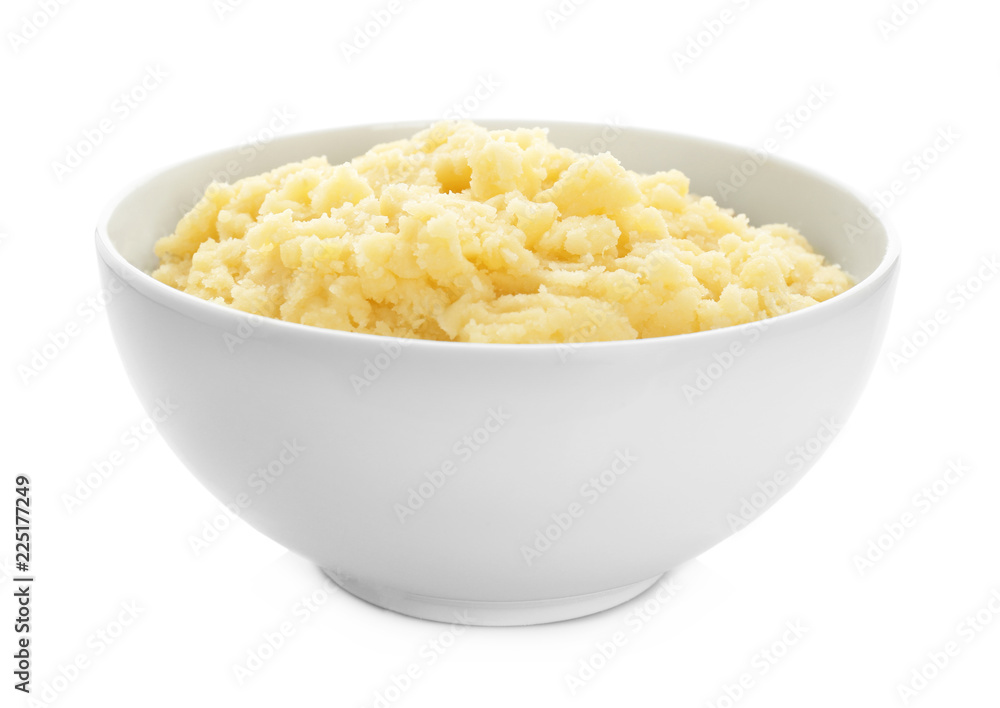 Bowl with mashed potatoes on white background Bowl with mashed potatoes on white background