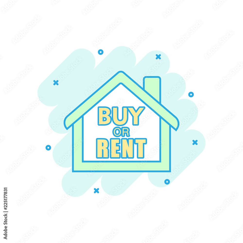 Cartoon colored buy or rent house icon in comic style. House illustration  pictogram. Home sign splash business concept. Stock Vector | Adobe Stock