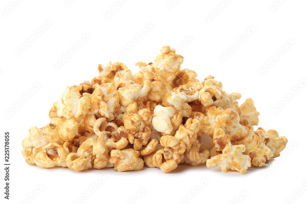 Pile of delicious caramel popcorn on white background Pile of delicious caramel popcorn on white background