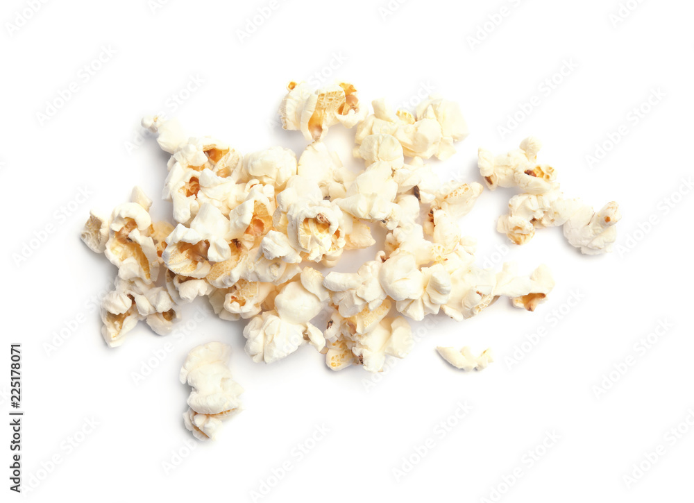 Pile of delicious fresh popcorn on white background, top view