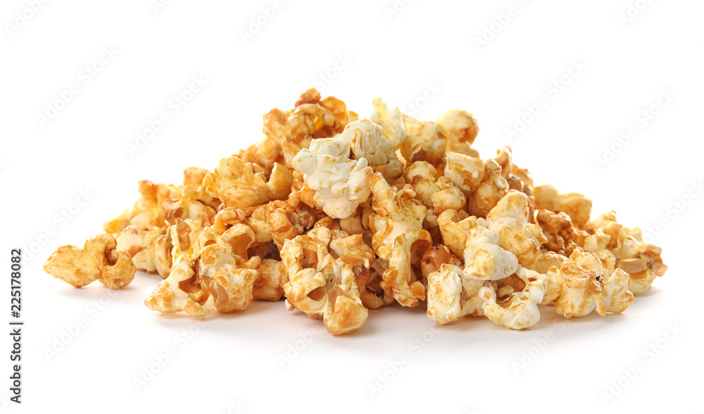 Pile of delicious caramel popcorn on white background Pile of delicious caramel popcorn on white background