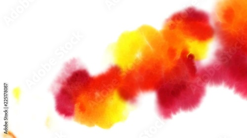 Beautiful red, yellow and orange spots appear on a white background. Bright paints spreads on paper forming a blots.