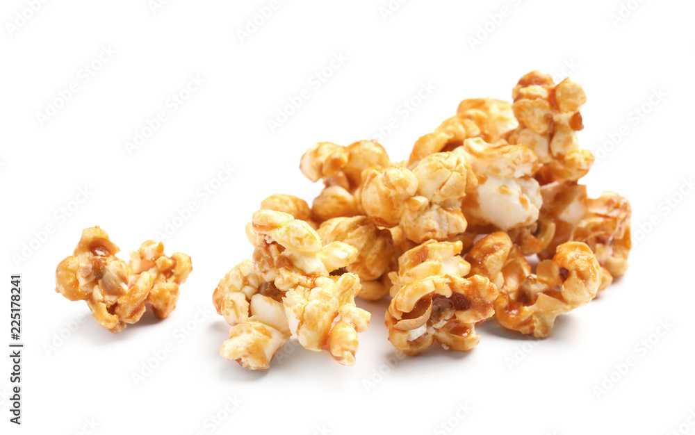 Pile of delicious caramel popcorn on white background Pile of delicious caramel popcorn on white background
