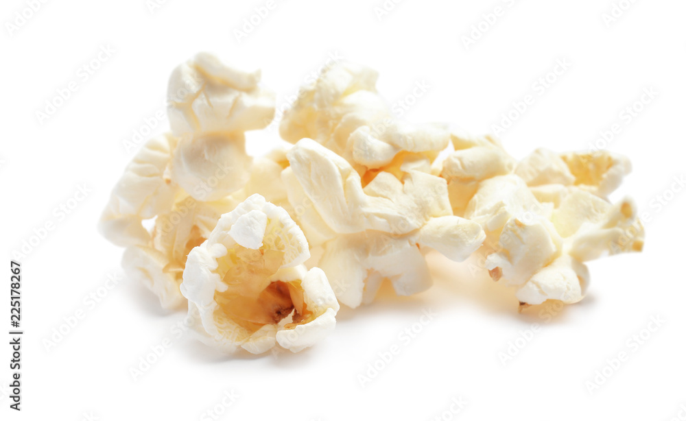 Pile of delicious salty popcorn on white background