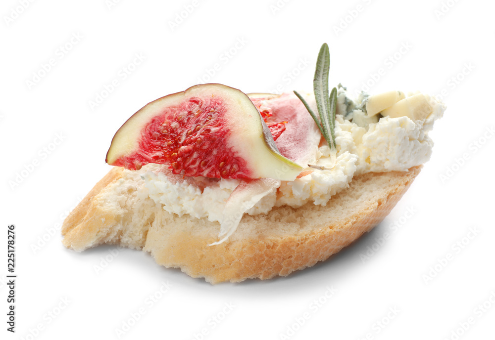 Sandwich with ripe fig, prosciutto and cream cheese on white background Sandwich with ripe fig, prosciutto and cream cheese on white background