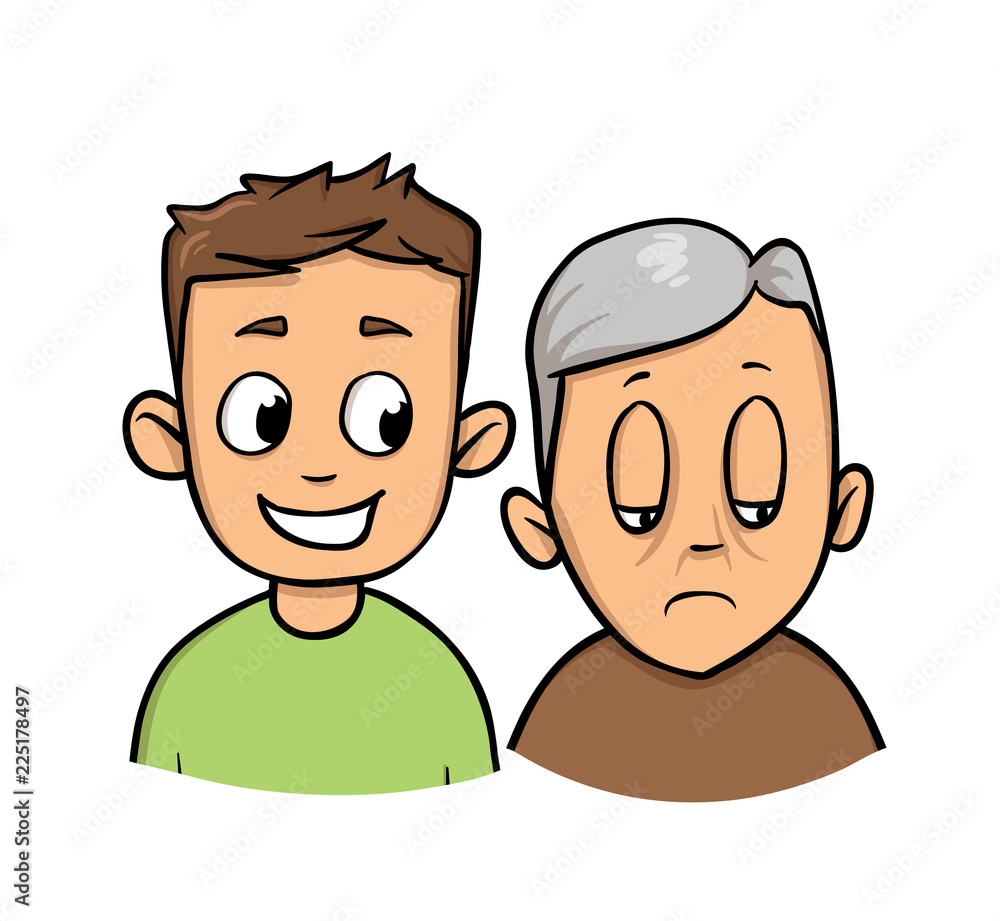Young man smilig at senior man. Grandson and grandpa. Colorful flat vector illustration. Isolated on white background. Young man smilig at senior man. Grandson and grandpa. Colorful flat vector illustration. Isolated on white background.