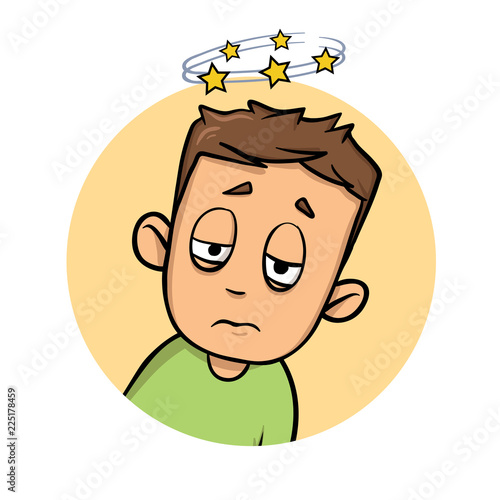 Confused boy seeing spinning stars. Loss of consciousness flat design icon. Colorful flat vector illustration. Isolated on white background.