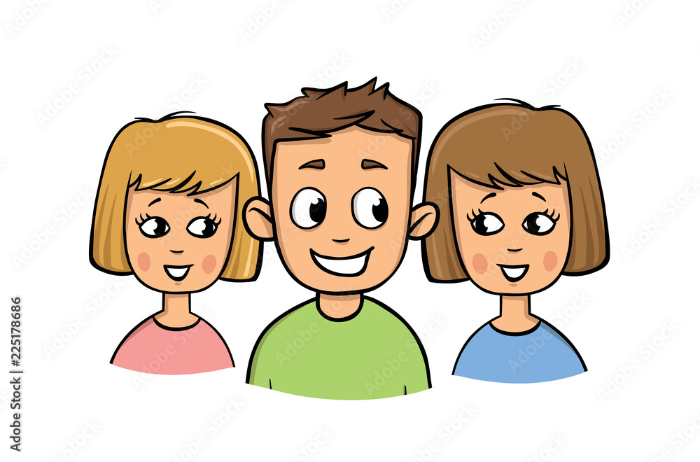 Young guy and two girls smiling. Cartoon style. Colorful flat vector illustration. Isolated on white background.