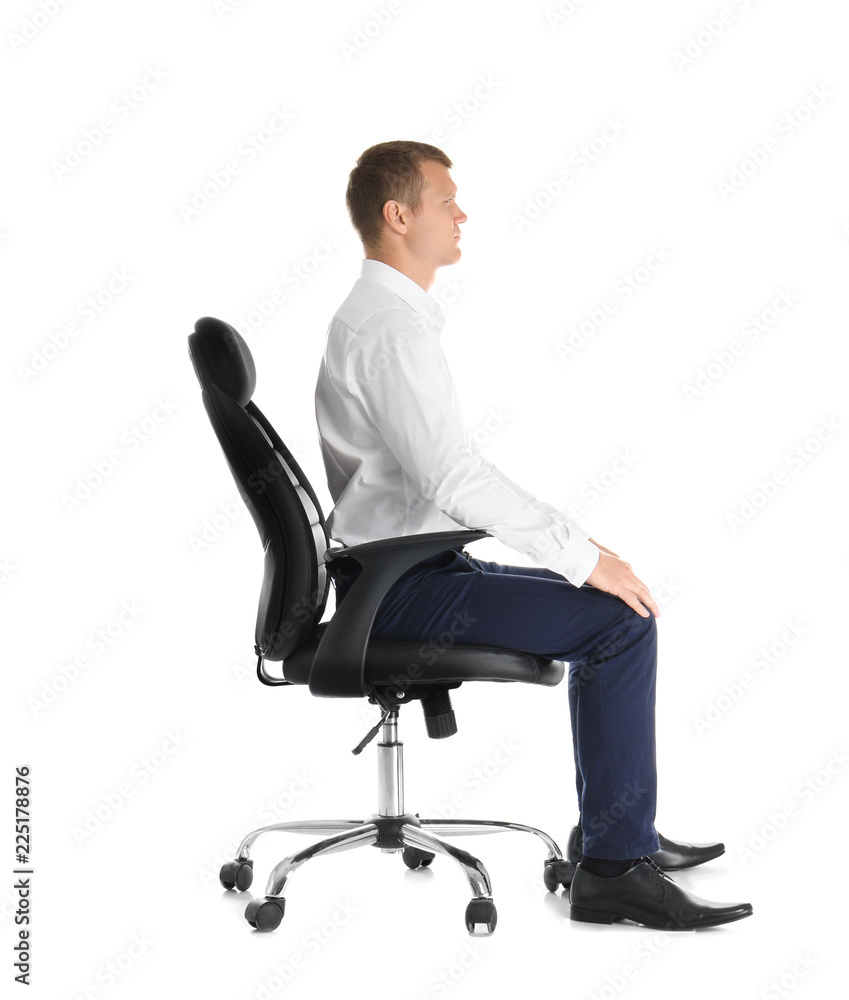Man sitting in office chair on white background. Posture concept Man sitting in office chair on white background. Posture concept