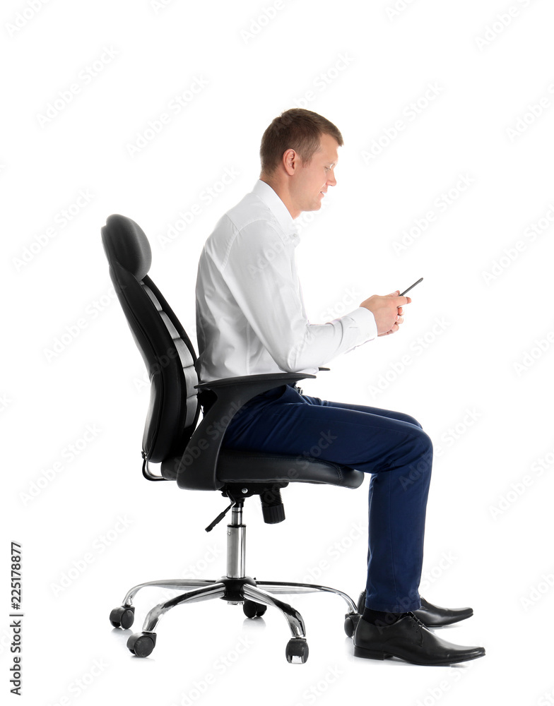 Man with mobile phone sitting in office chair on white background. Posture concept Man with mobile phone sitting in office chair on white background. Posture concept