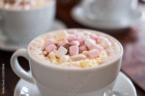 A cup of Hot Chocolate, with Marshmallows on top.