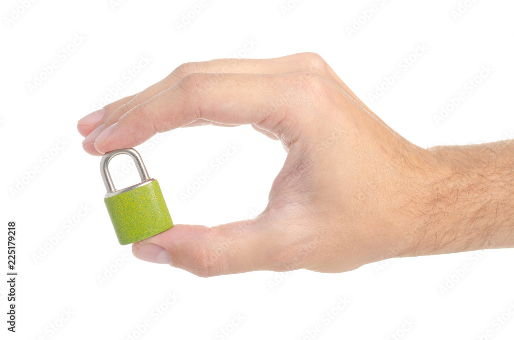 Small padlock metal in hand on white background isolation Small padlock metal in hand on white background isolation