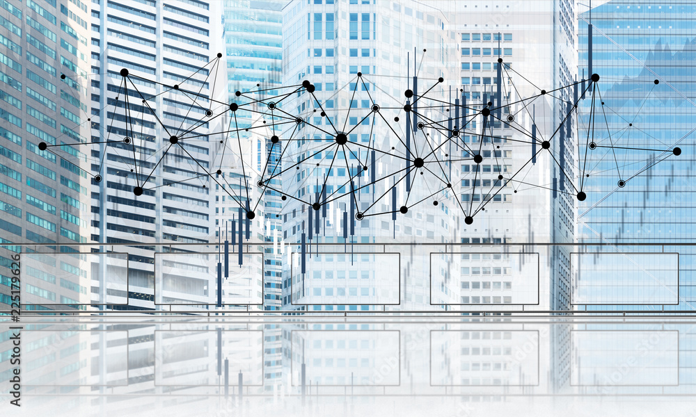 Fototapeta premium Concept of global communication and networking with world map over cityscape