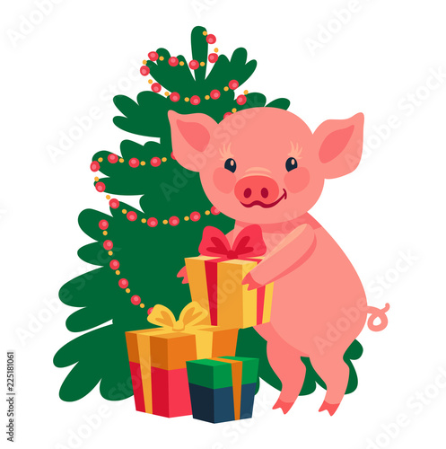 cute little pig puts the gifts under the Christmas tree. Catoon vector illustration © Kastoluza
