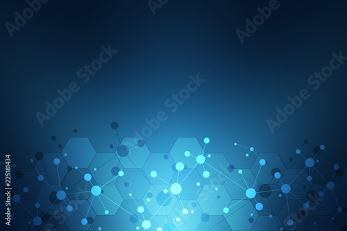 Molecular structure background and communication. Abstract background with molecule DNA and neural network. Artificial intelligence. Science and technology concept with connected lines and dots.