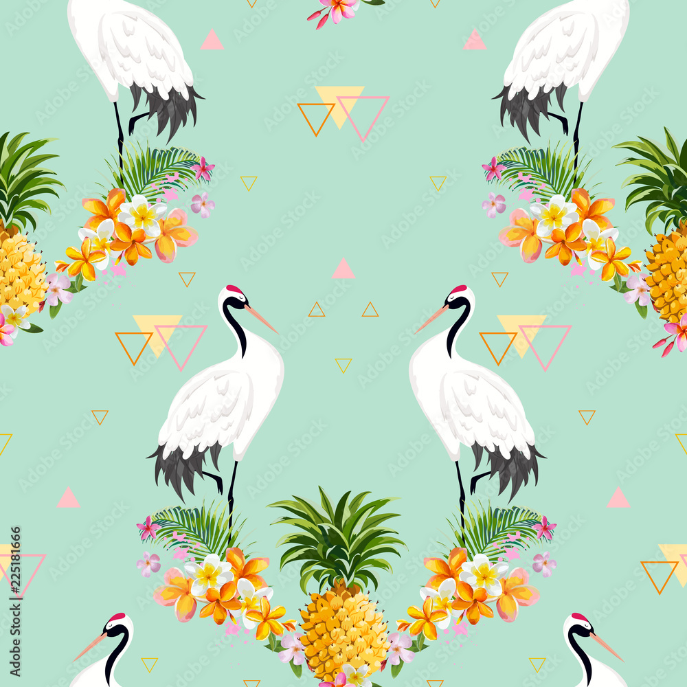 Seamless Pattern With Anese Cranes