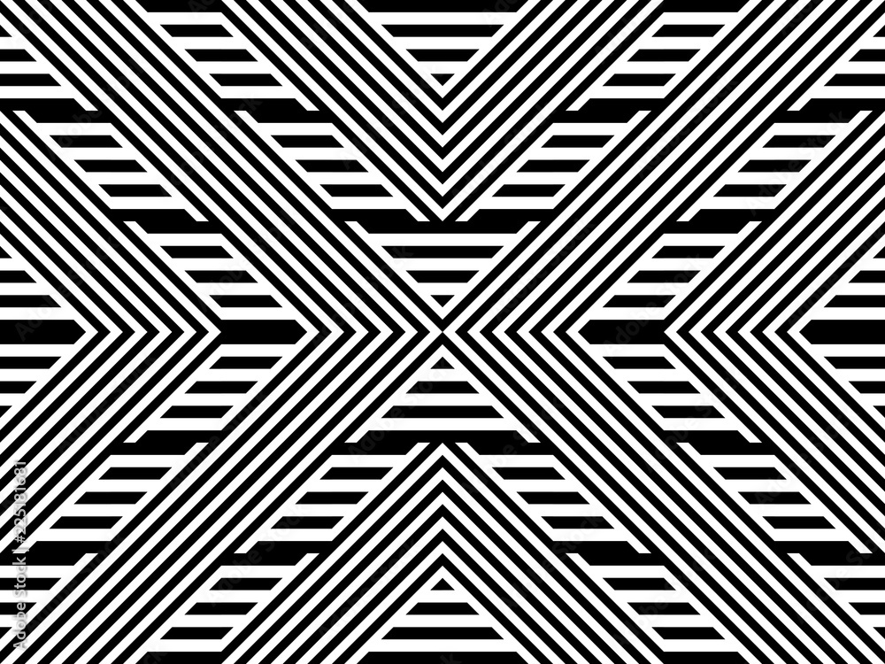 Seamless pattern with striped black white straight lines and diagonal inclined lines (zigzag, chevron). Optical illusion effect, op art. Background for cloth, fabric, textile, tartan. Seamless pattern with striped black white straight lines and diagonal inclined lines (zigzag, chevron). Optical illusion effect, op art. Background for cloth, fabric, textile, tartan.