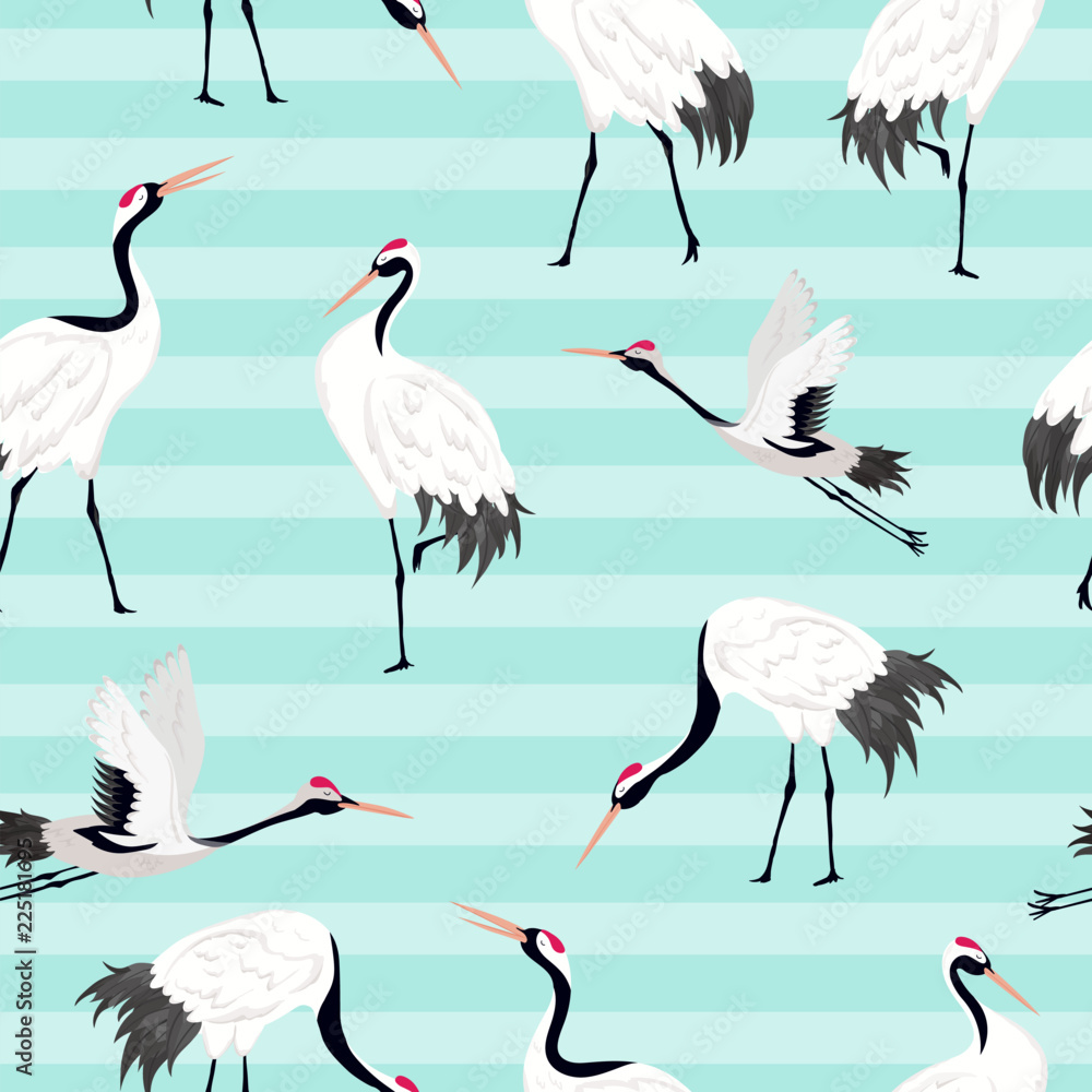 Fototapeta premium Seamless Pattern with Japanese Cranes, Retro Bird Background, Fashion Print, Birthday Japanese Decoration Set. Vector Illustration
