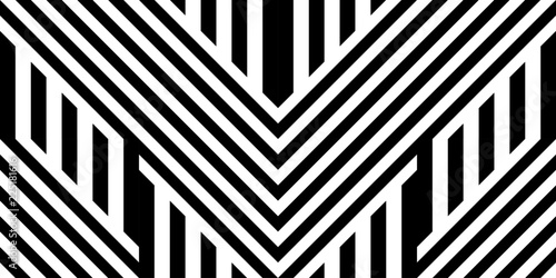 Seamless pattern with striped black white straight lines and diagonal inclined lines (zigzag, chevron). Optical illusion effect, op art. Vector vibrant decorative background, texture.