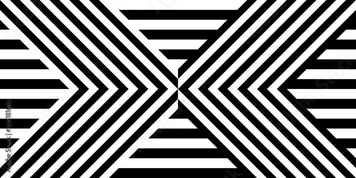 Seamless pattern with striped black white straight lines and diagonal inclined lines (zigzag, chevron). Optical illusion effect, op art. Vector vibrant decorative background, texture.