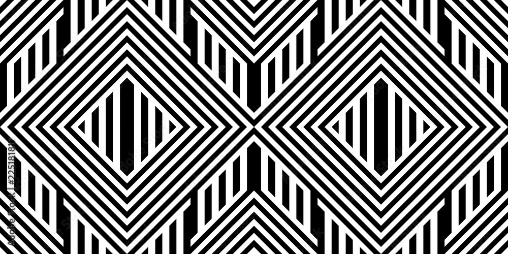 Seamless pattern with striped black white straight lines and diagonal inclined lines (zigzag, chevron). Optical illusion effect, op art. Background for cloth, fabric, textile, tartan.