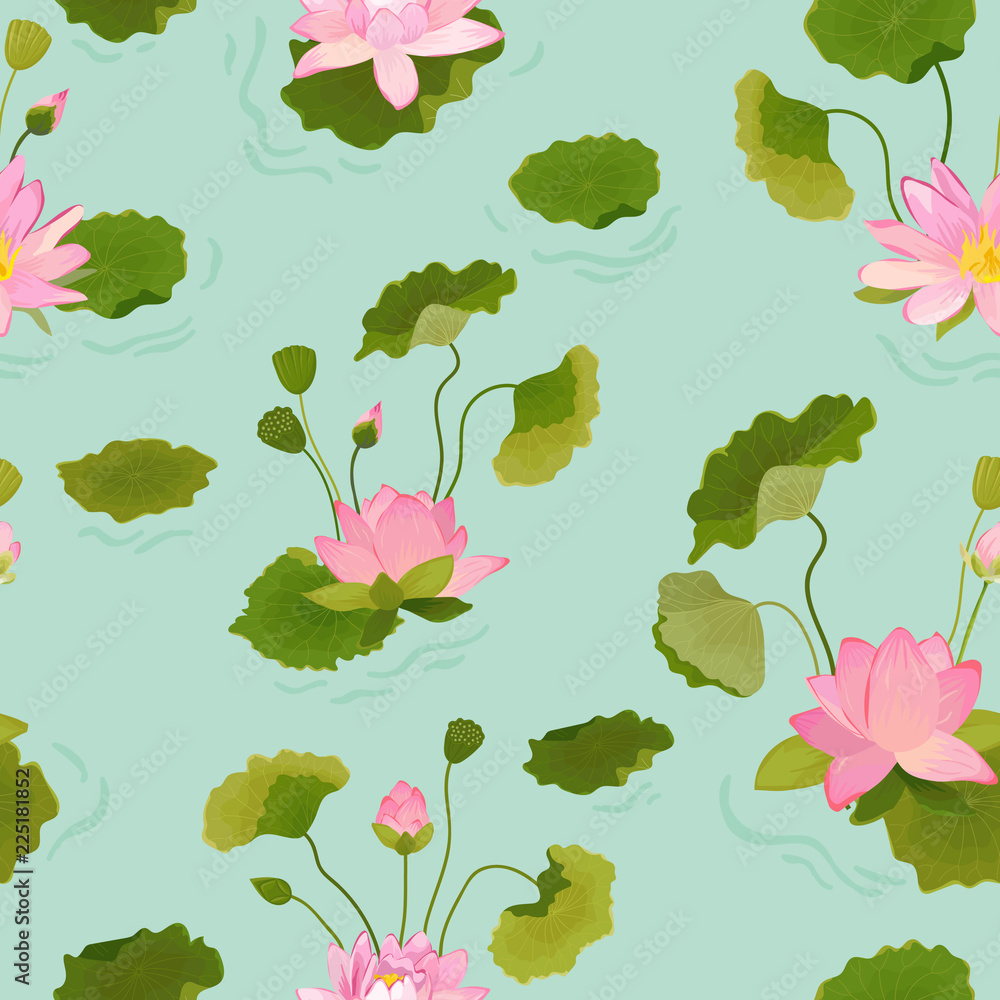 Seamless Pattern with Lotus Flowers and Leaves, Retro Tropical Floral Background for Fashion Print, Birthday Decoration Wallpaper. Vector Illustration Seamless Pattern with Lotus Flowers and Leaves, Retro Tropical Floral Background for Fashion Print, Birthday Decoration Wallpaper. Vector Illustration