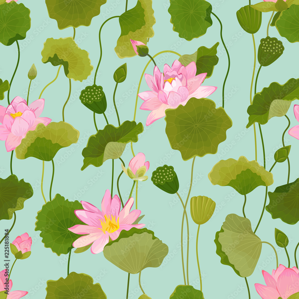 Φωτογραφία Seamless Pattern with Lotus Flowers and Leaves, Retro Floral Background, Fashion Print, Birthday Decoration Wallpaper