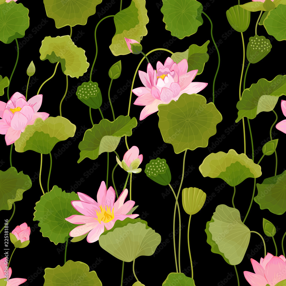 Φωτογραφία Seamless Pattern with Lotus Flowers and Leaves, Retro Floral Background, Fashion Print, Birthday Decoration Wallpaper